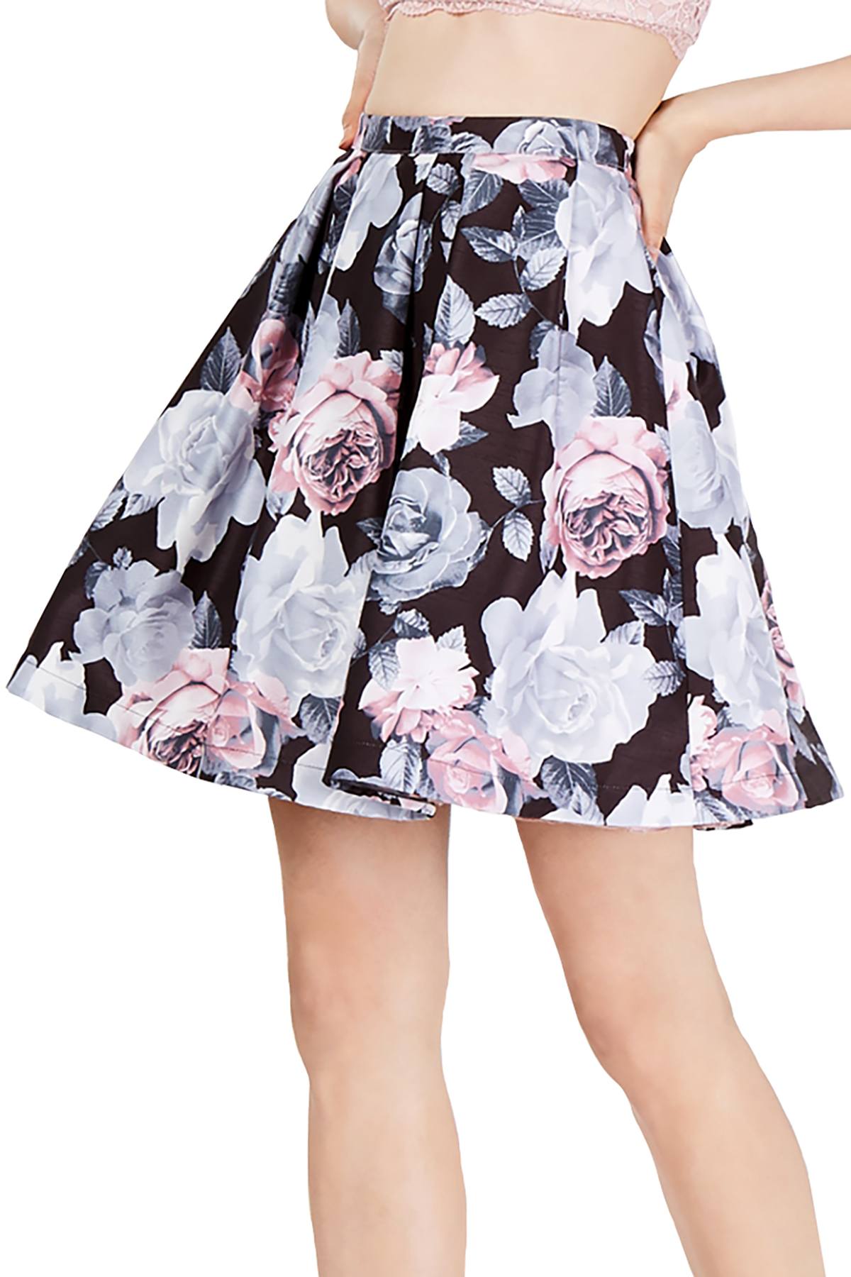 Sequin Hearts Black Floral Juniors Flare Skirt