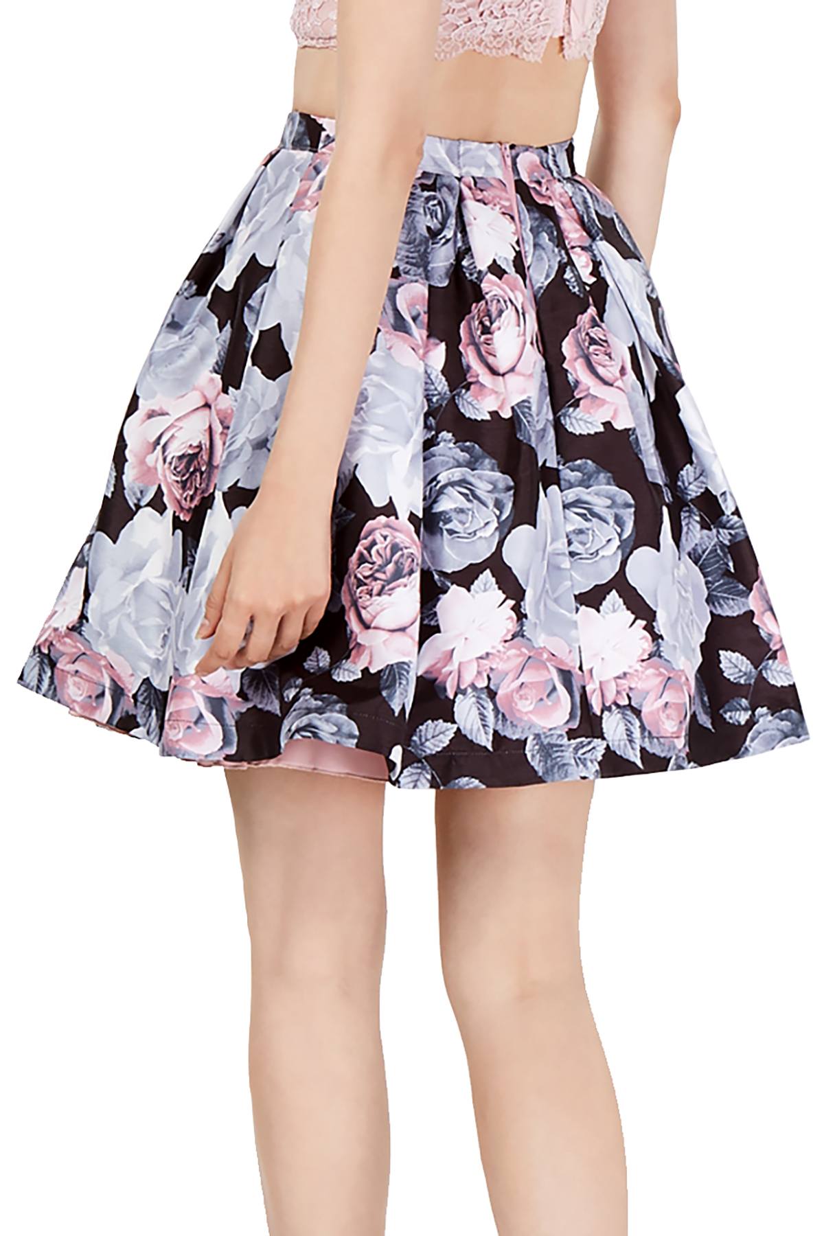 Sequin Hearts Black Floral Juniors Flare Skirt