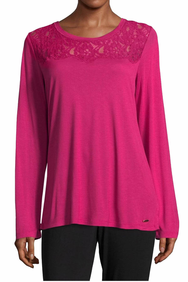 Sesoire Cherry-Pink Lace-Neck Long-Sleeve Lounge Top