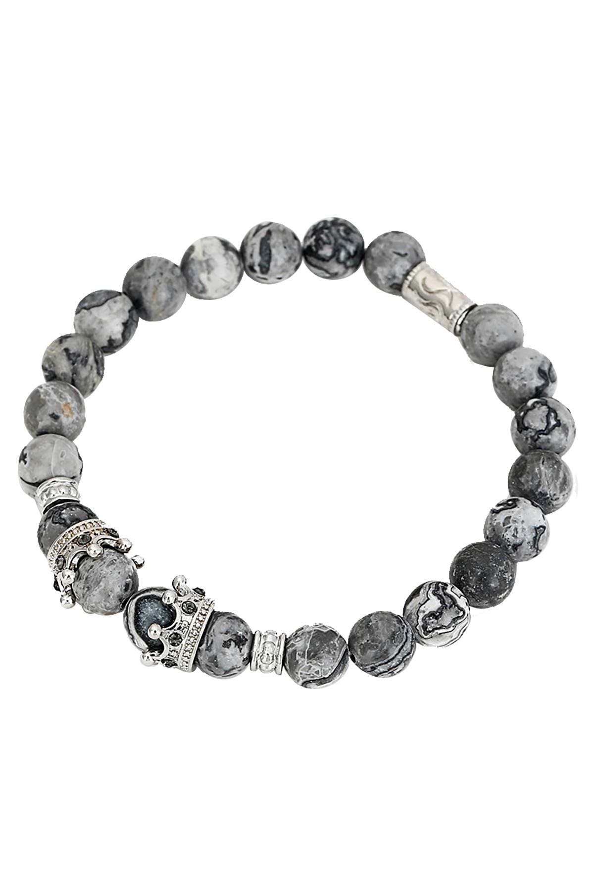 Silver Imperial Crown/Picasso Jasper Marble/Pavé Black CZ Bracelet
