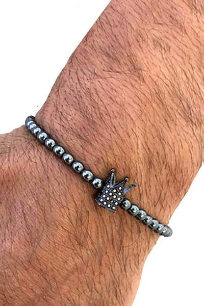 Silver Plated Gunmetal Micro Pave CZ Crown Hematite Skinny Healing Bracelet