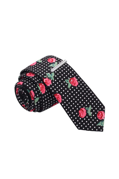 Skinny Tie Madness Black Polka Dot Roses Tie