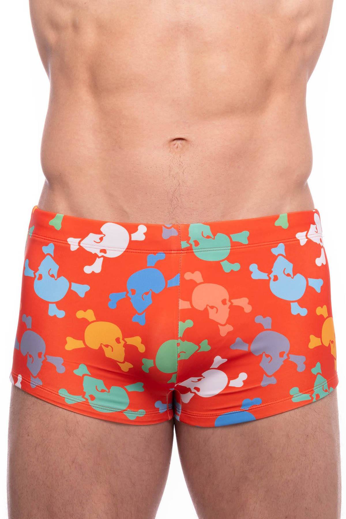 Skull and Bones Orange Tossed Skull Swim Trunk