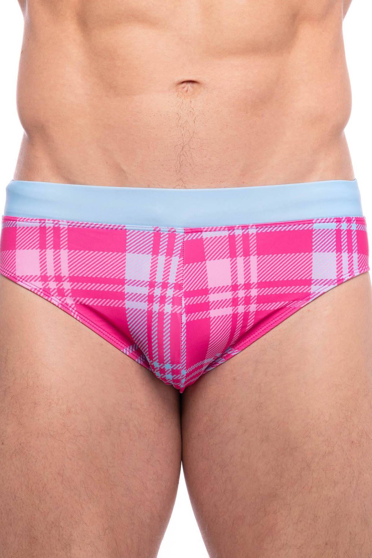 Skull and Bones Pink Plaid Swim Brief