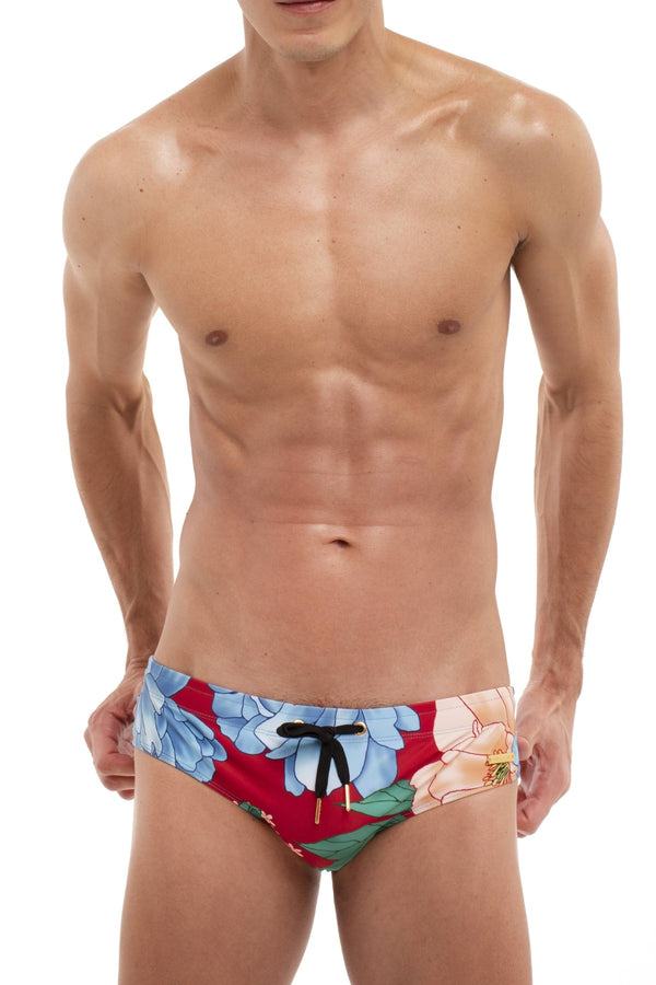 Skull and Bones Red Floral Swim Brief