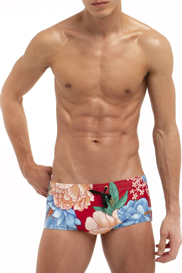 Skull and Bones Red Floral Swim Trunk