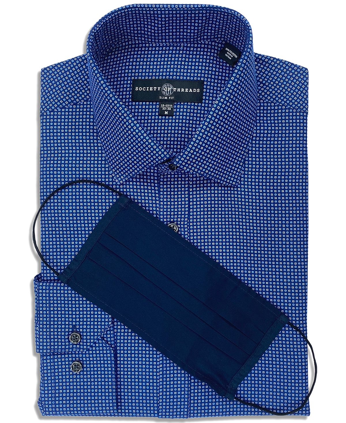 Society Of Threads Slim-fit Non-iron Performance Stretch Geo-print Dress Shirt With Pleated Face Mask Navy