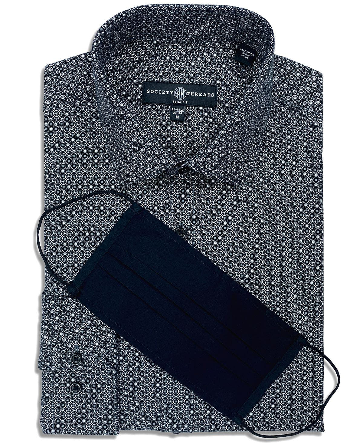 Society Of Threads Slim-fit Non-iron Performance Stretch Medallion Dot-print Dress Shirt With Pleated Face Mask Black