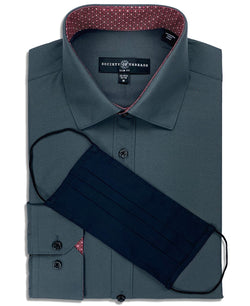 Society Of Threads Slim-fit Non-iron Performance Stretch Solid Dress Shirt With Pleated Face Mask Charcoal thumbnail 1