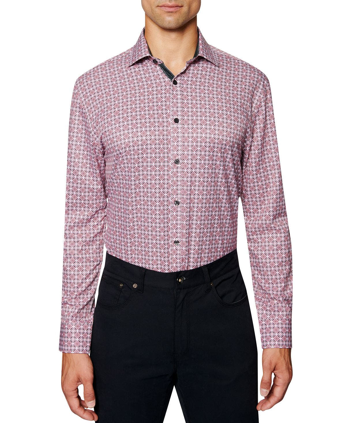 Society Of Threads Slim-fit Performance Print Dress Shirt Burgundy