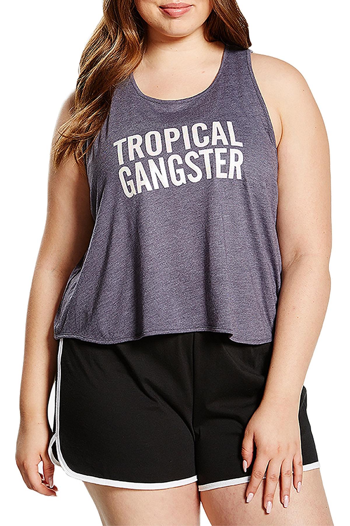 Soffee PLUS Grey Heather Graphic Tropical Gangster Racerback Tank Top