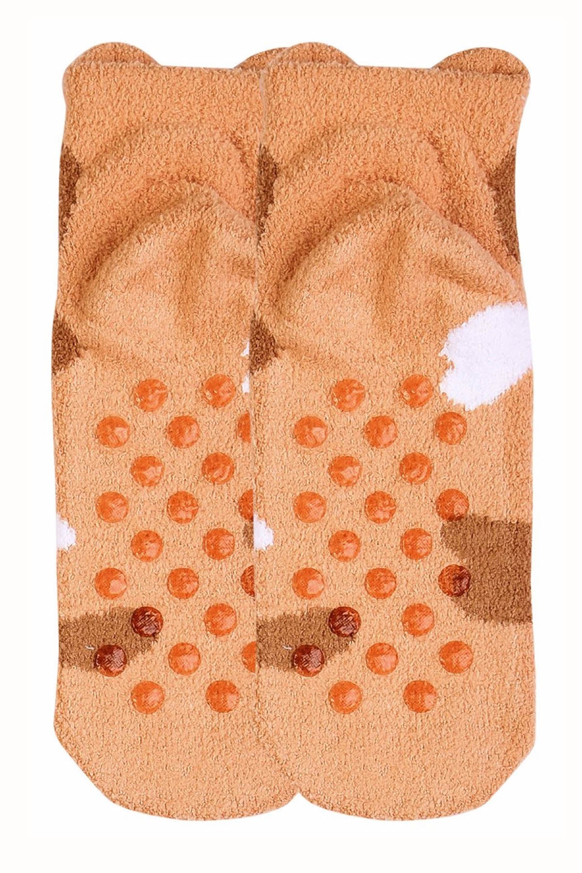 Sofra Apricot Kitty Cozy Picot Ankle Socks with Grippers