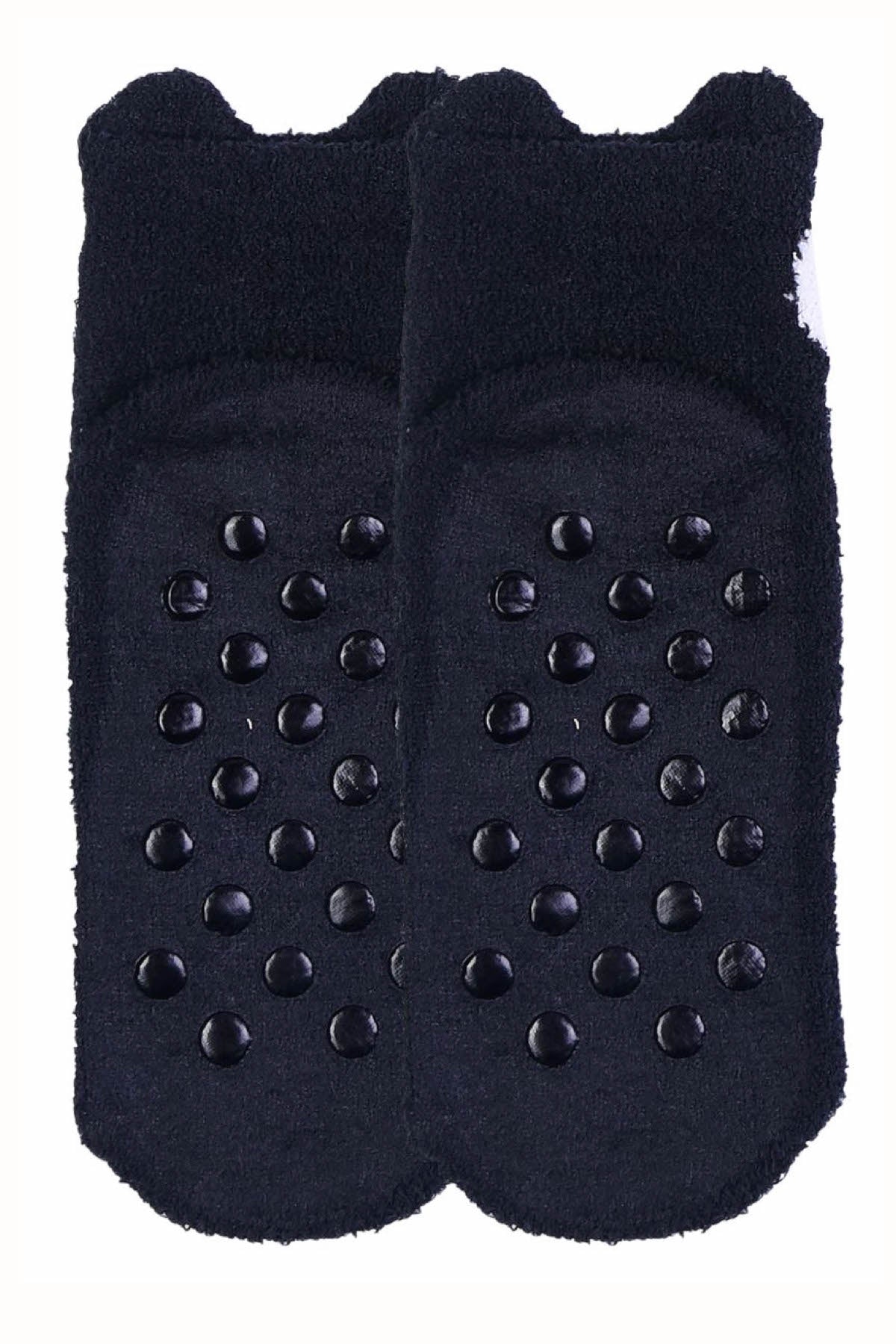 Sofra Black Panda Cozy Picot Ankle Socks with Grippers