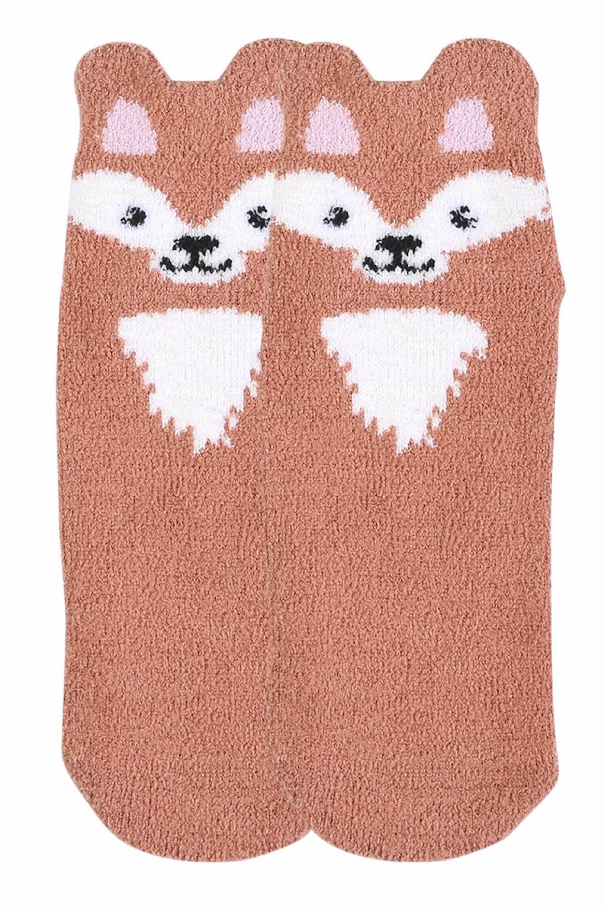 Sofra Brown Fox Cozy Picot Ankle Socks with Grippers