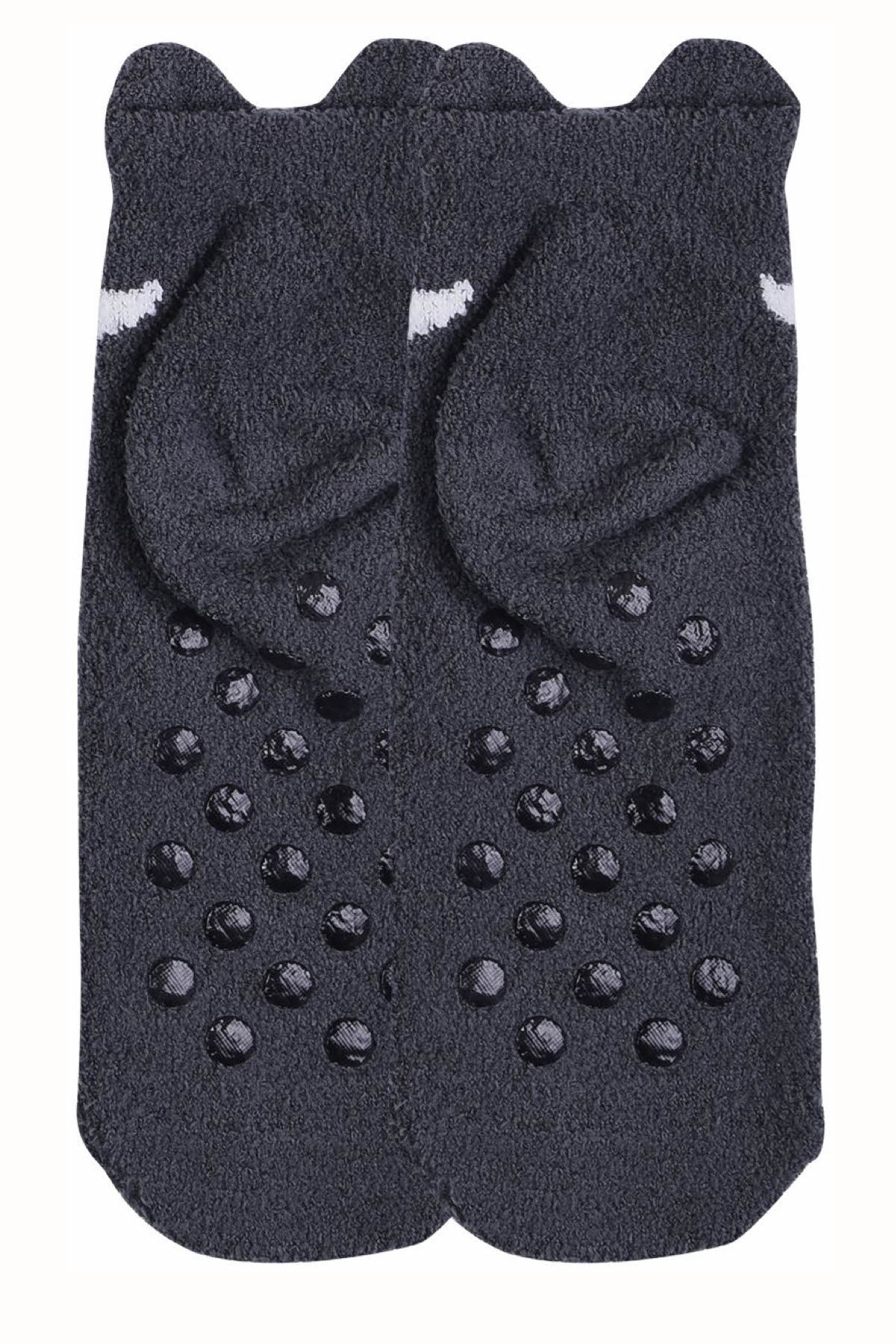 Sofra Charcoal-Grey Raccoon Cozy Picot Ankle Socks with Grippers