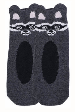 Sofra Charcoal-Grey Raccoon Cozy Picot Ankle Socks with Grippers thumbnail 1