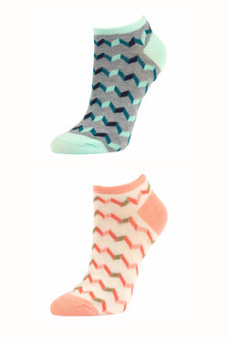 Sofra Coral/Turquoise Chevron No-Show Socks 2-Pairs thumbnail 2