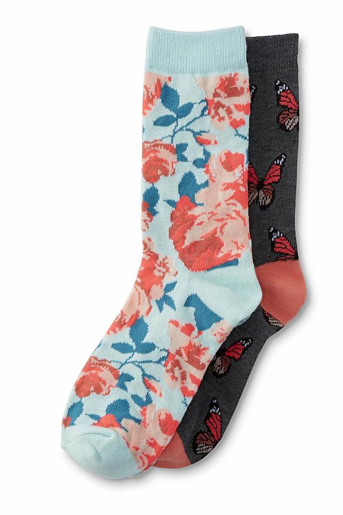 Sofra Flowers & Butterflys Novelty Crew Socks 2-Pairs
