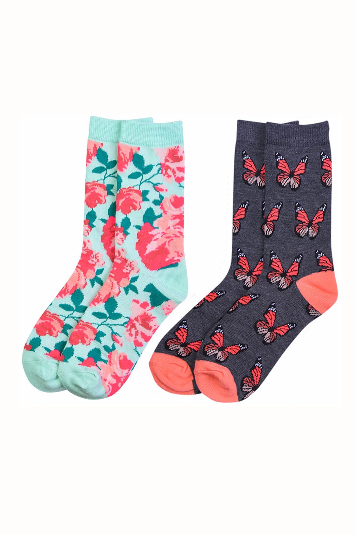 Sofra Flowers & Butterflys Novelty Crew Socks 2-Pairs
