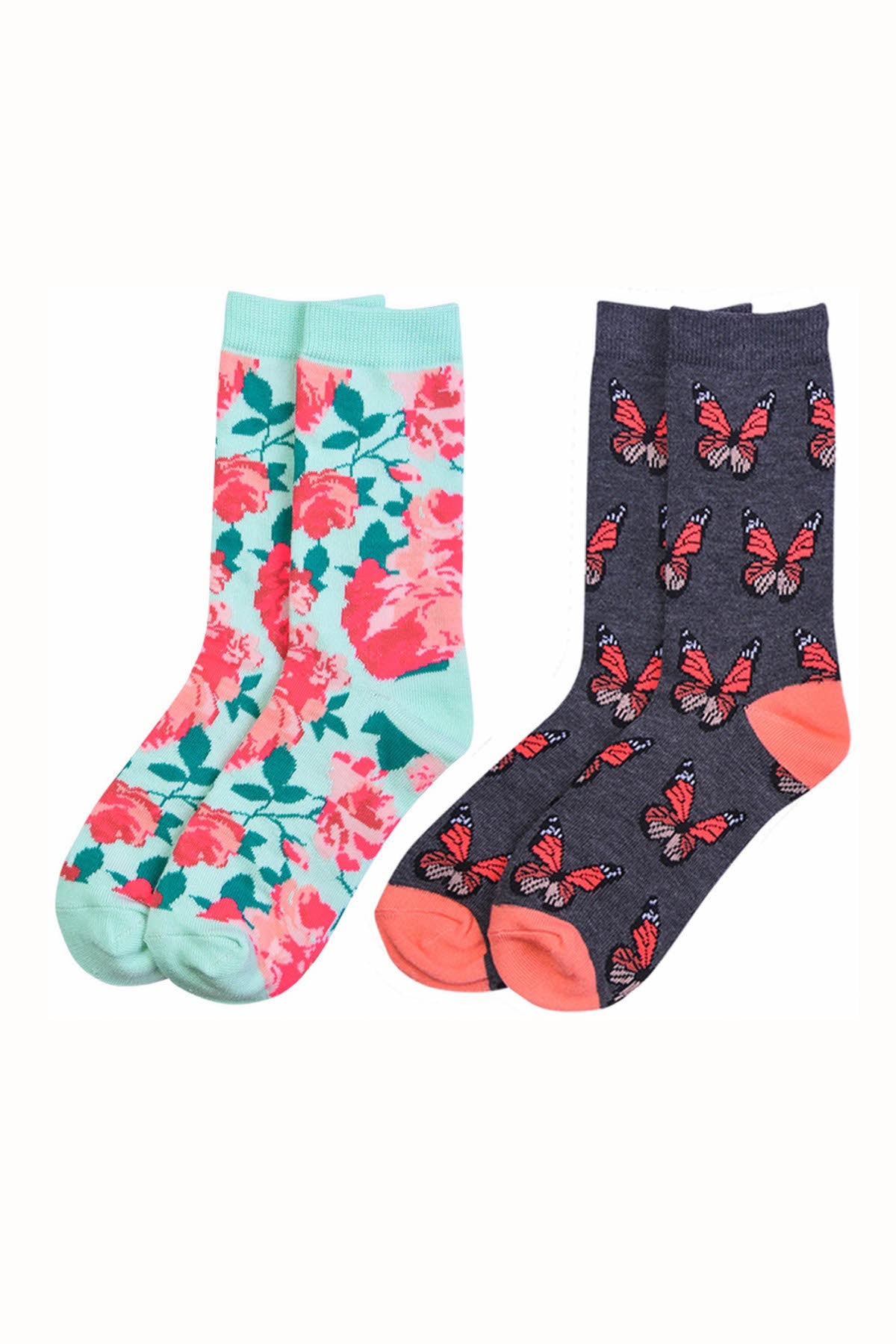 Sofra Flowers & Butterflys Novelty Crew Socks 2-Pairs