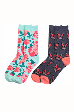 Sofra Flowers & Butterflys Novelty Crew Socks 2-Pairs thumbnail 1