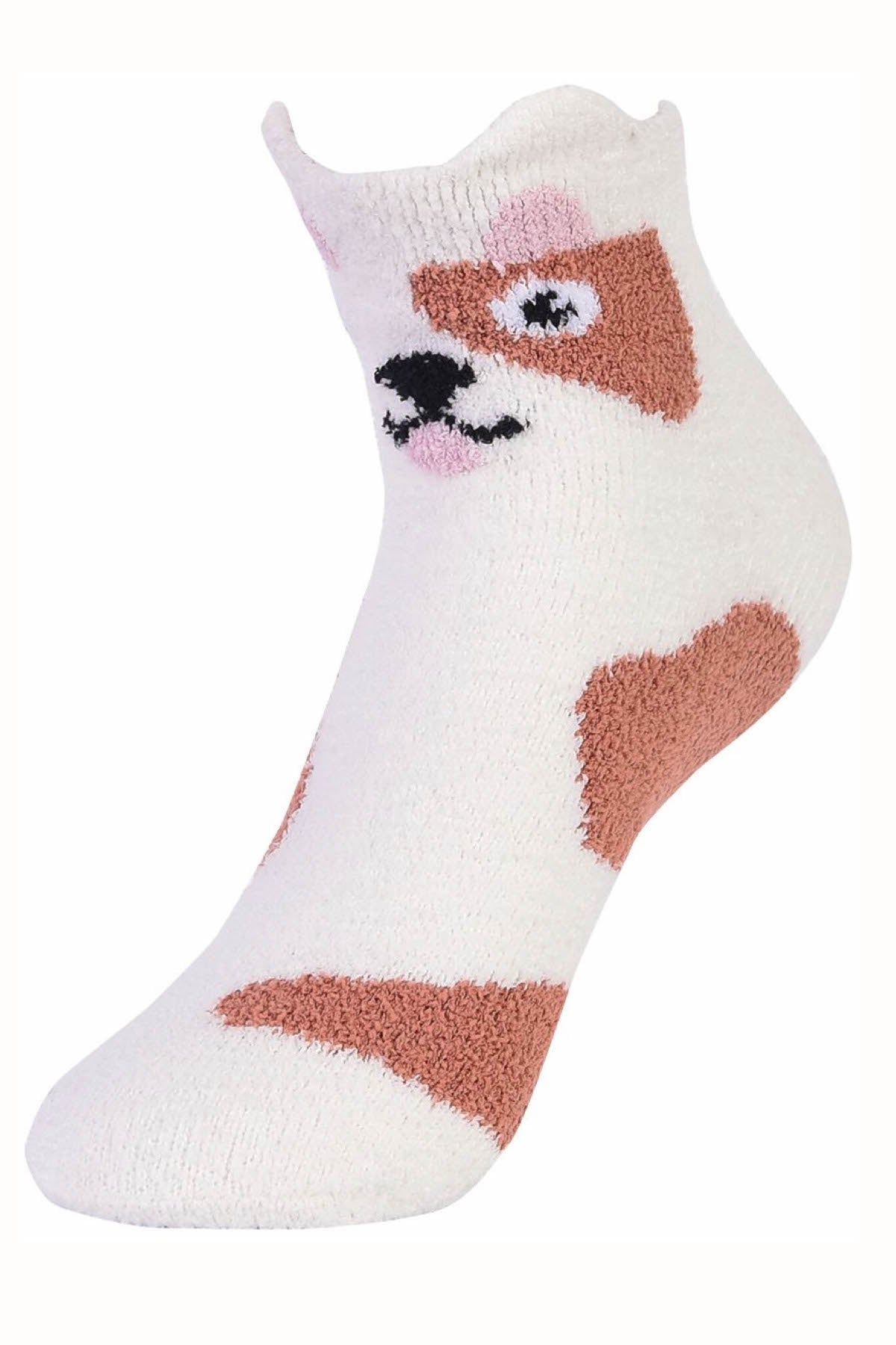 Sofra White/Brown Puppy Cozy Picot Ankle Socks with Grippers