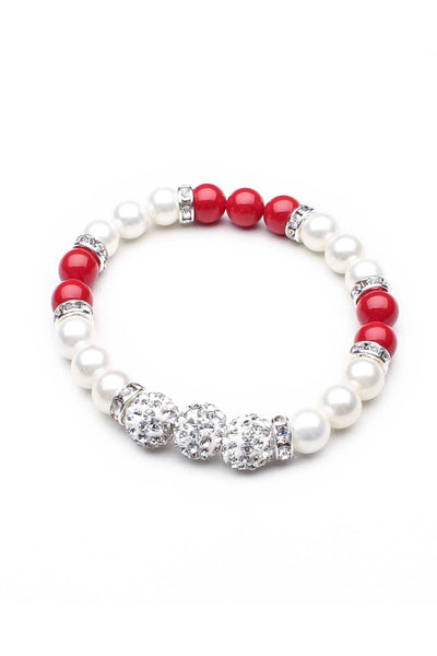 Something Strong Red/White Rhinestone/Faux-Pearl Beaded Bracelet