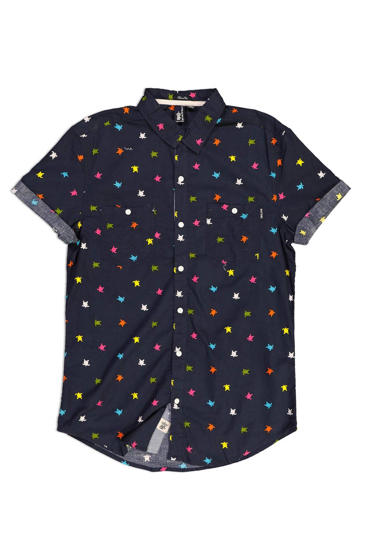 Soul Star Navy-Blue Turtle-Print Slim-Fit Button-Up