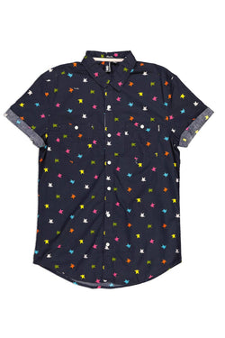 Soul Star Navy-Blue Turtle-Print Slim-Fit Button-Up thumbnail 1