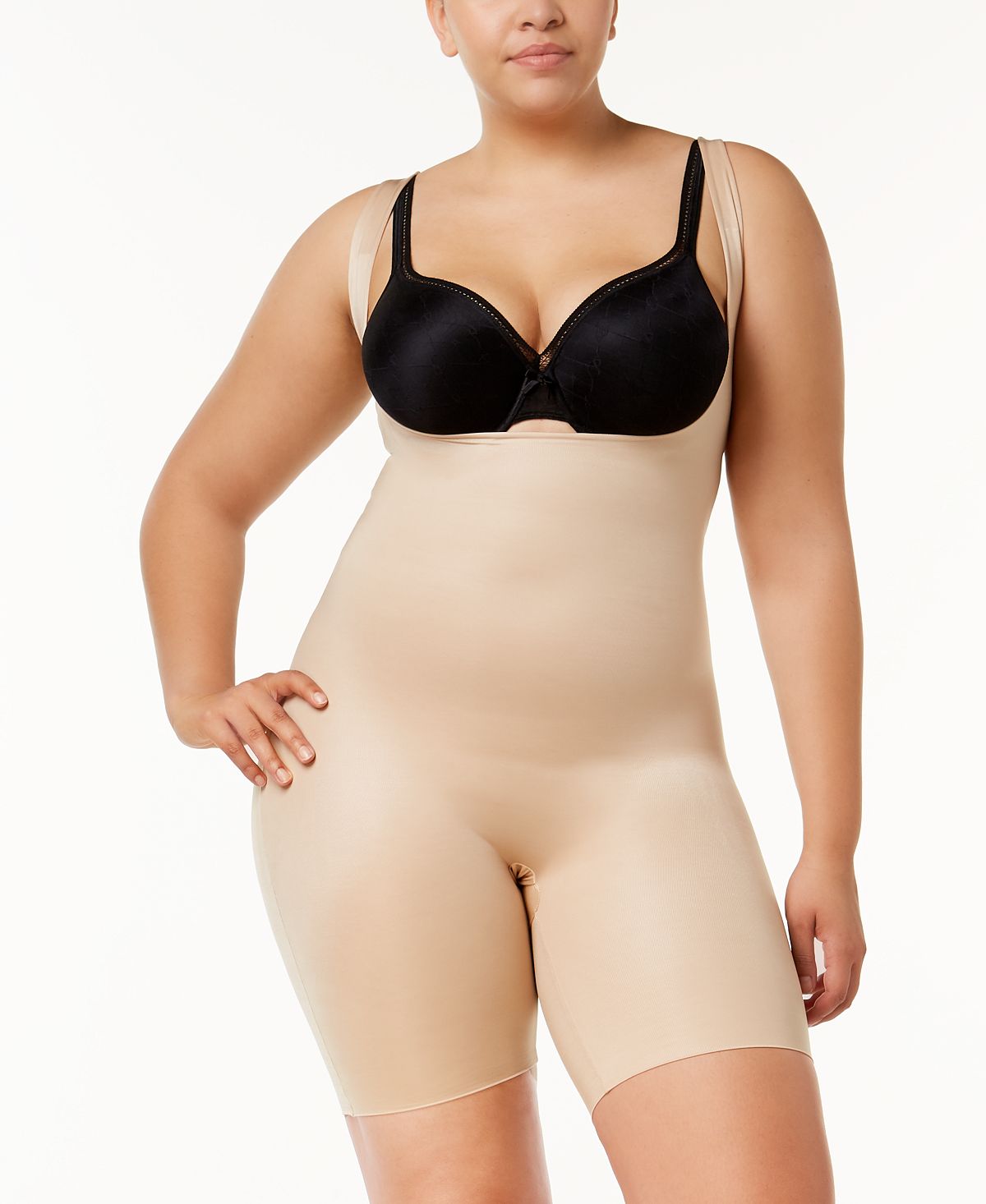 Spanx Plus Power Conceal-her Open-bust Mid-thigh Bodysuit 10133p Natural Glam