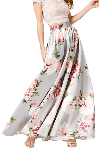 Speechless Grey/Blush Floral-Print Formal Mikado Skirt