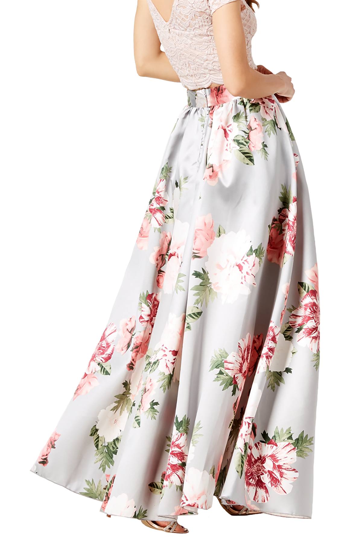 Speechless Grey/Blush Floral-Print Formal Mikado Skirt
