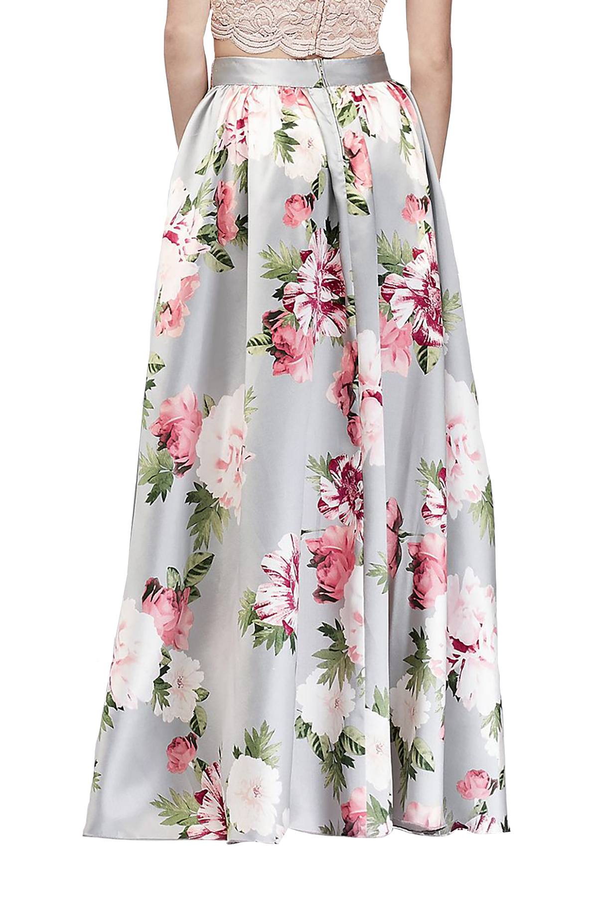 Speechless Grey/Blush Floral-Print Formal Mikado Skirt