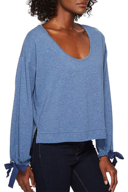 Splendid Ocean-Blue Tie-Sleeve Cropped Sweater thumbnail 1