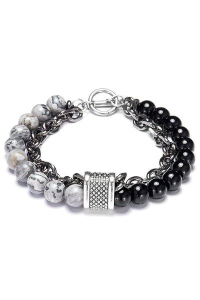 Stainless Steel / Grey Picasso Jasper / Black Onyx Bead and Chain Healing Bracelet