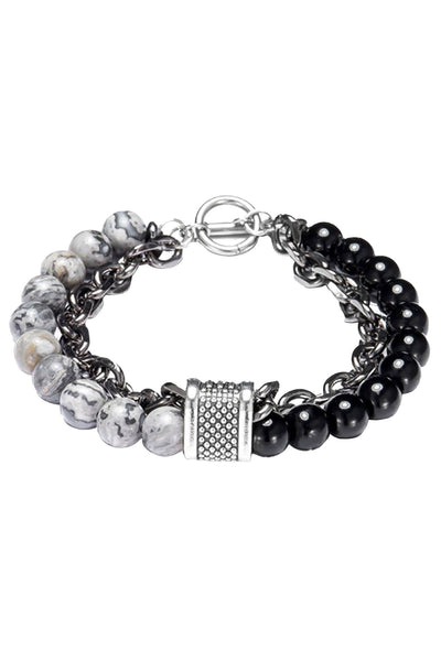 Stainless Steel / Grey Picasso Jasper / Black Onyx Bead and Chain Healing Bracelet
