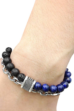 Stainless Steel / Lapis Lazuli / Lava Stone Bead and Chain Healing Bracelet thumbnail 1