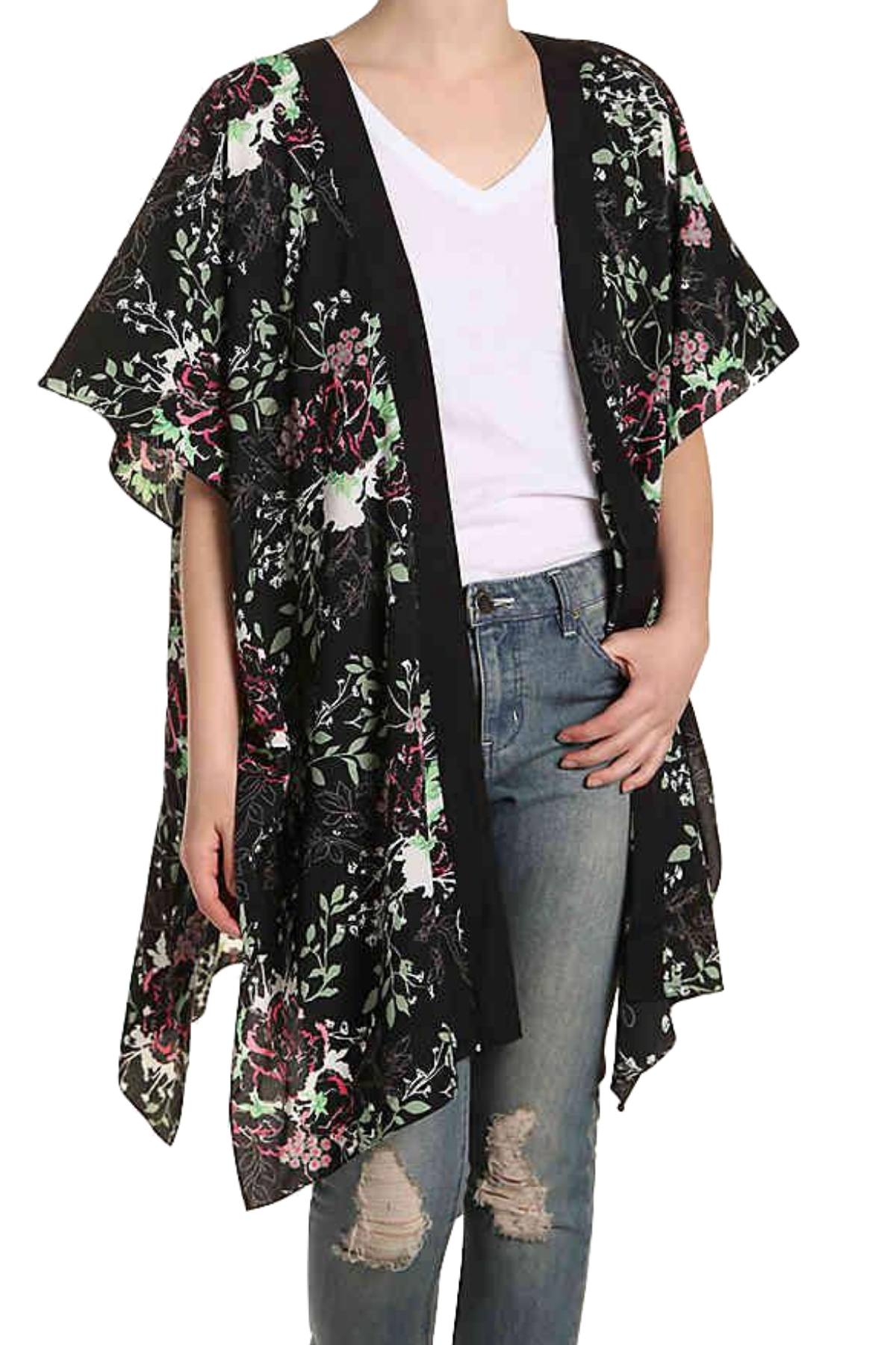 Steve Madden Black/Floral-Print Duster Kimono