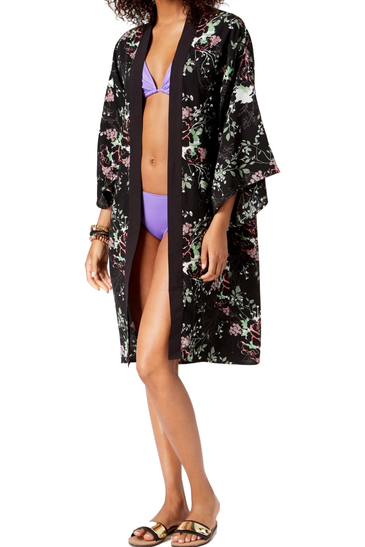 Steve Madden Black/Floral-Print Duster Kimono