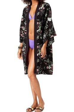 Steve Madden Black/Floral-Print Duster Kimono thumbnail 1