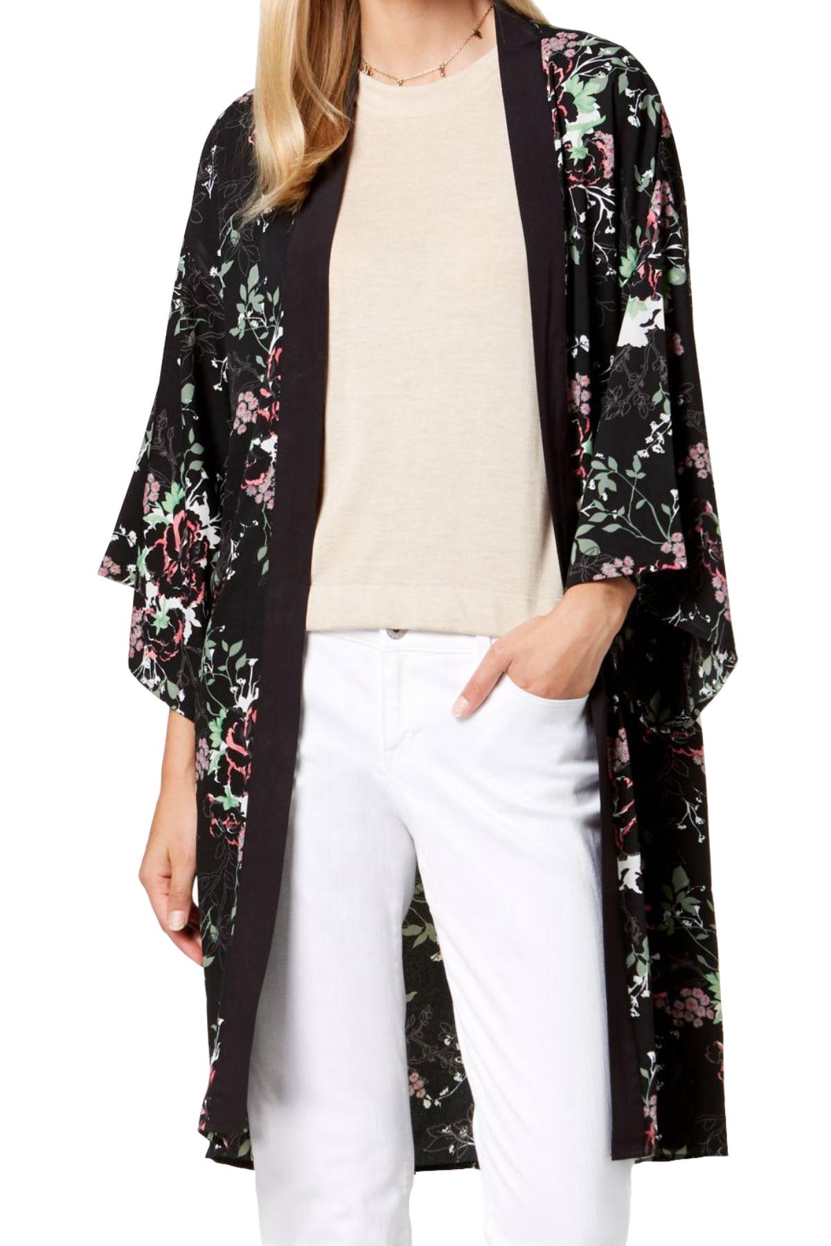 Steve Madden Black/Floral-Print Duster Kimono