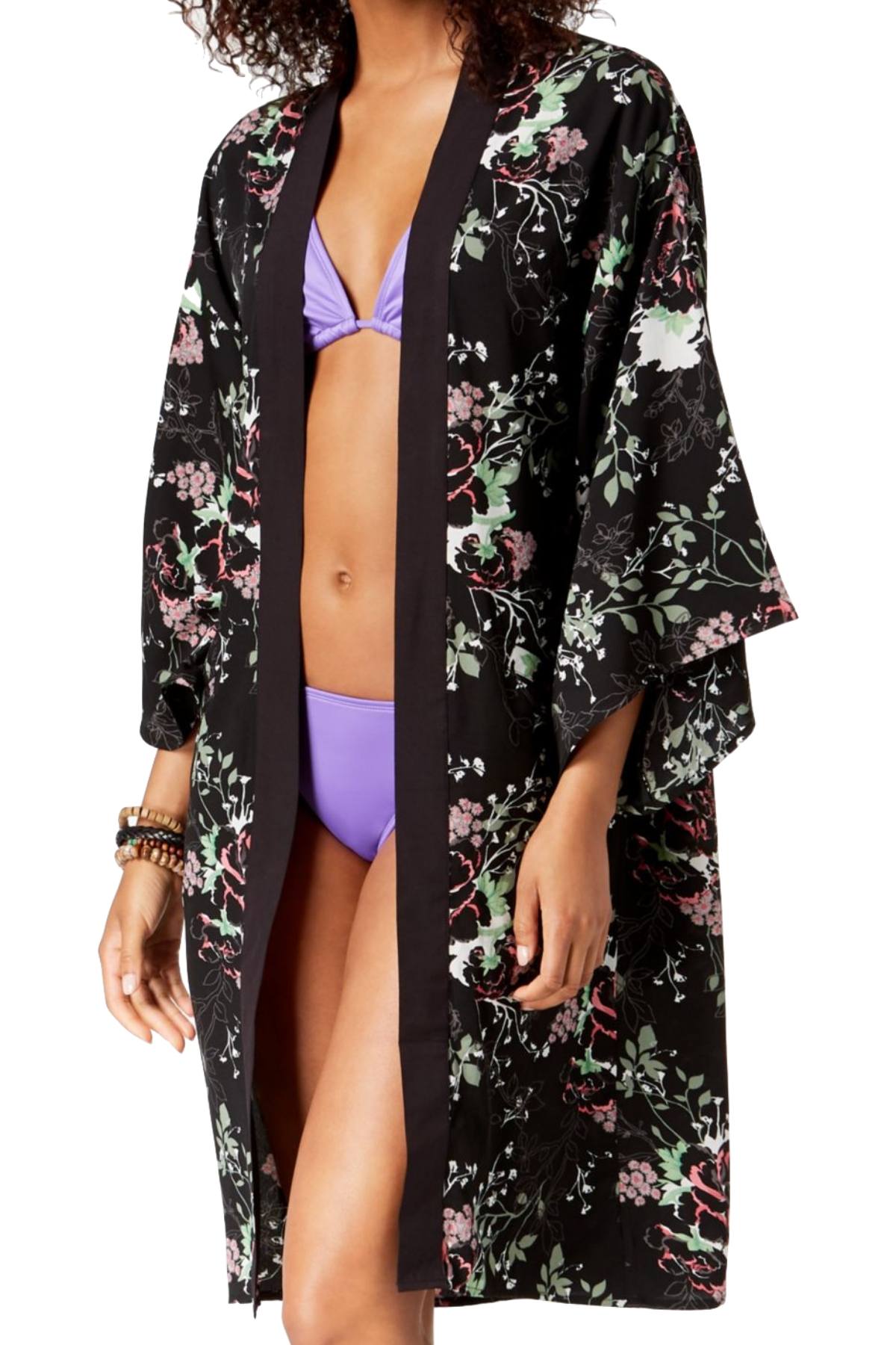 Steve Madden Black/Floral-Print Duster Kimono