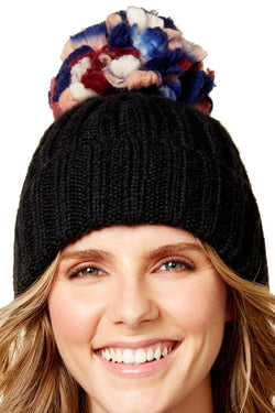 Steve Madden Black Over-The-Top Ribbed-Knit Beanie thumbnail 1