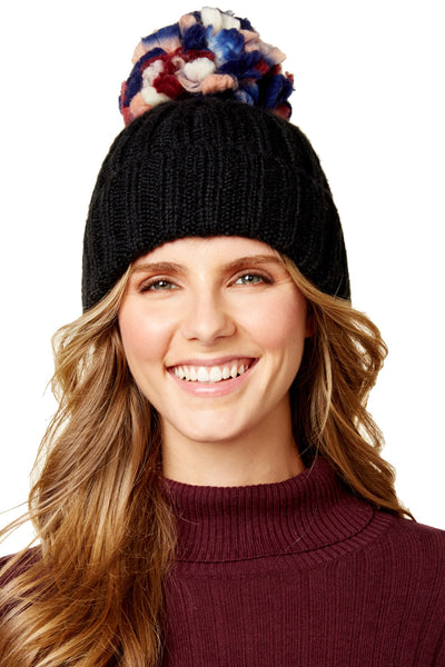 Steve Madden Black Over-The-Top Ribbed-Knit Beanie