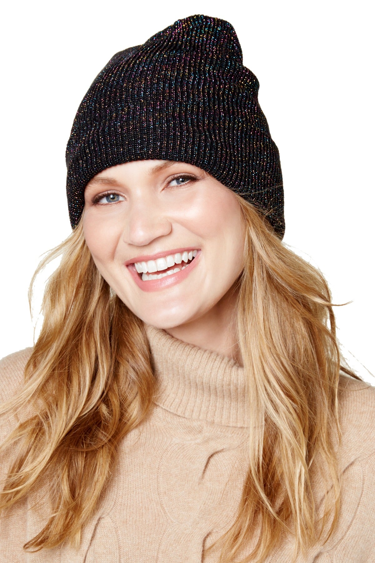 Steve Madden Black/Rainbow-Sparkle Cresent Moon Metallic Beanie