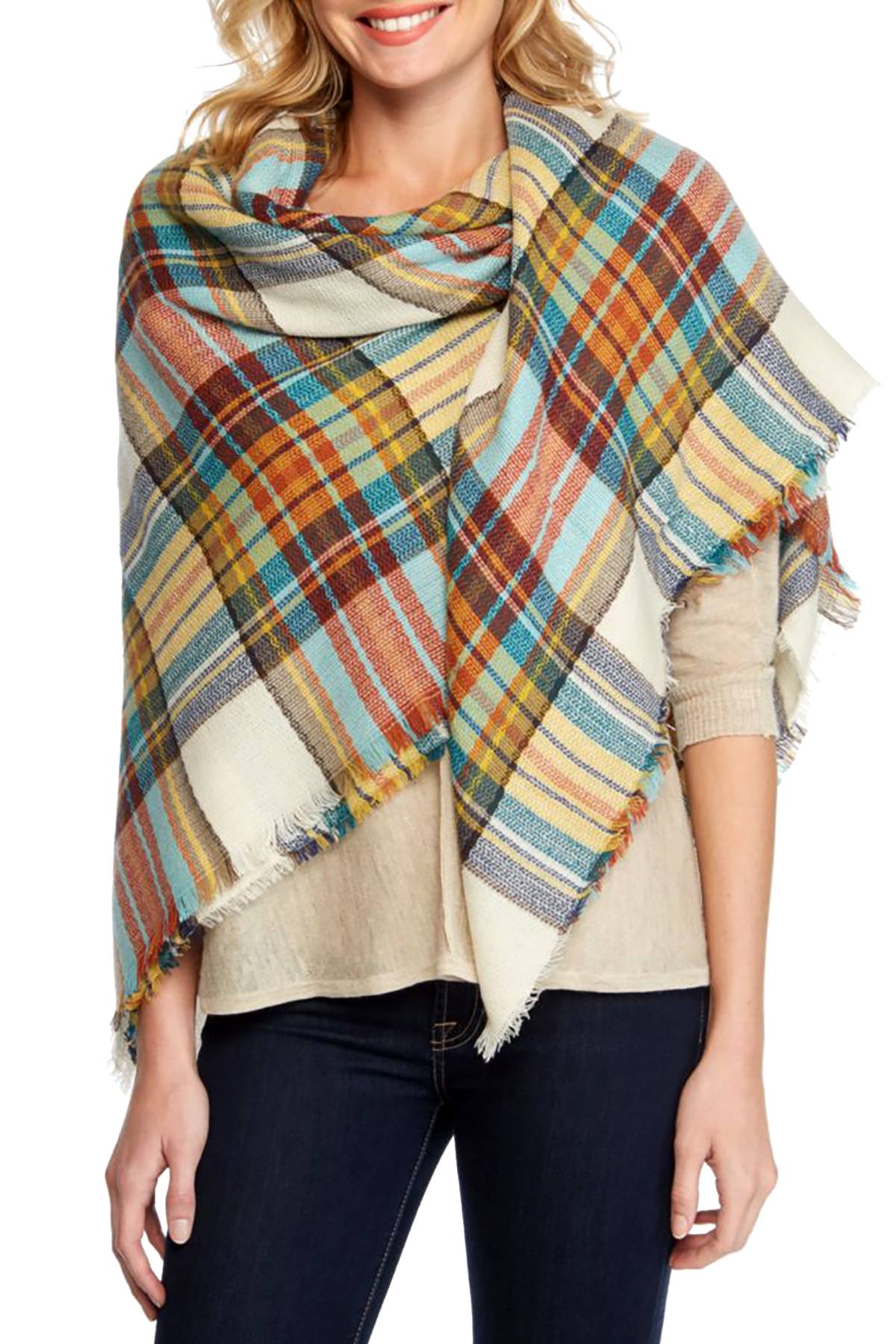 Steve Madden Ivory Classic-Plaid Square Blanket, Wrap / Scarf