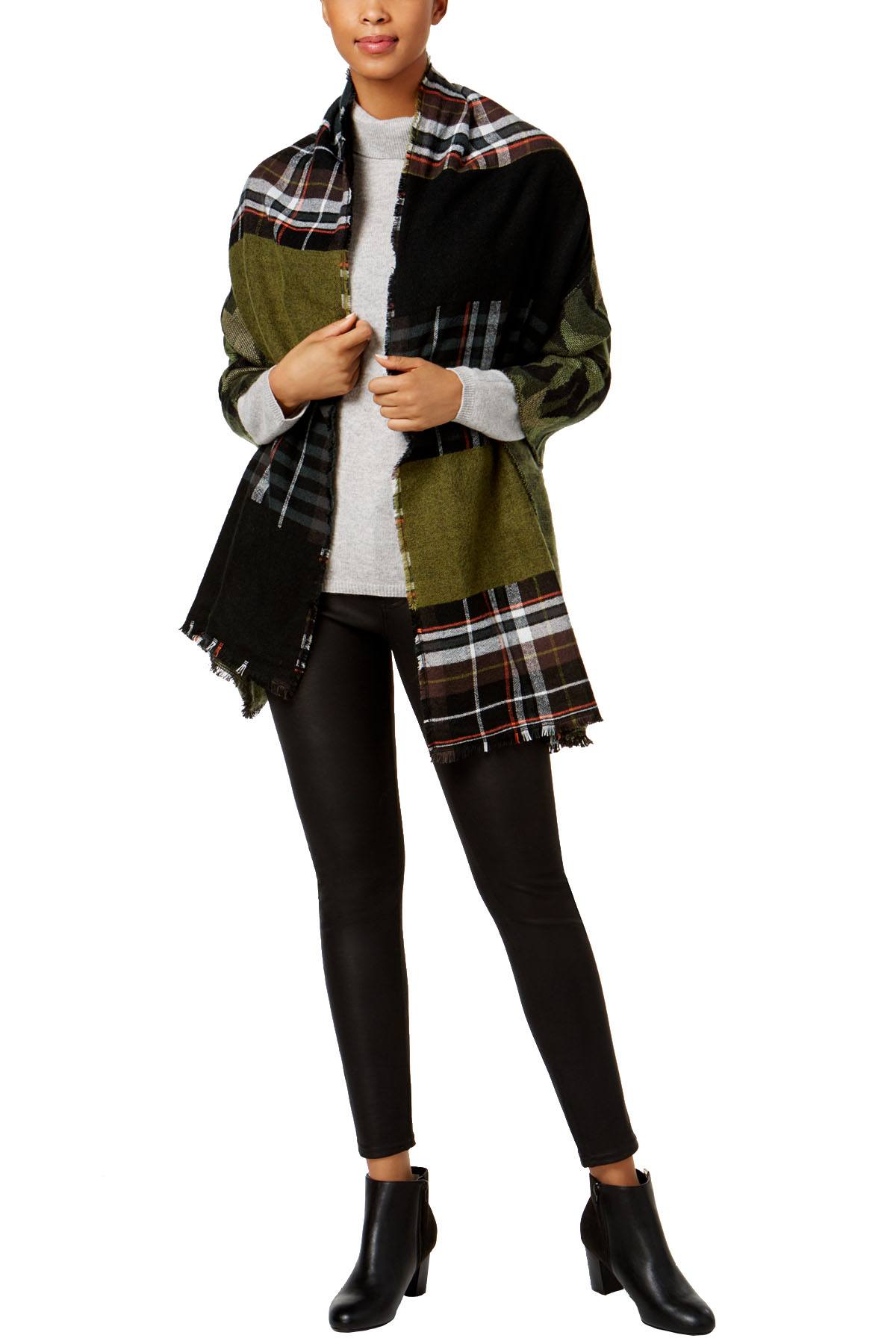 Steve Madden Olive-Camo Plaid Blanket Wrap & Scarf In One