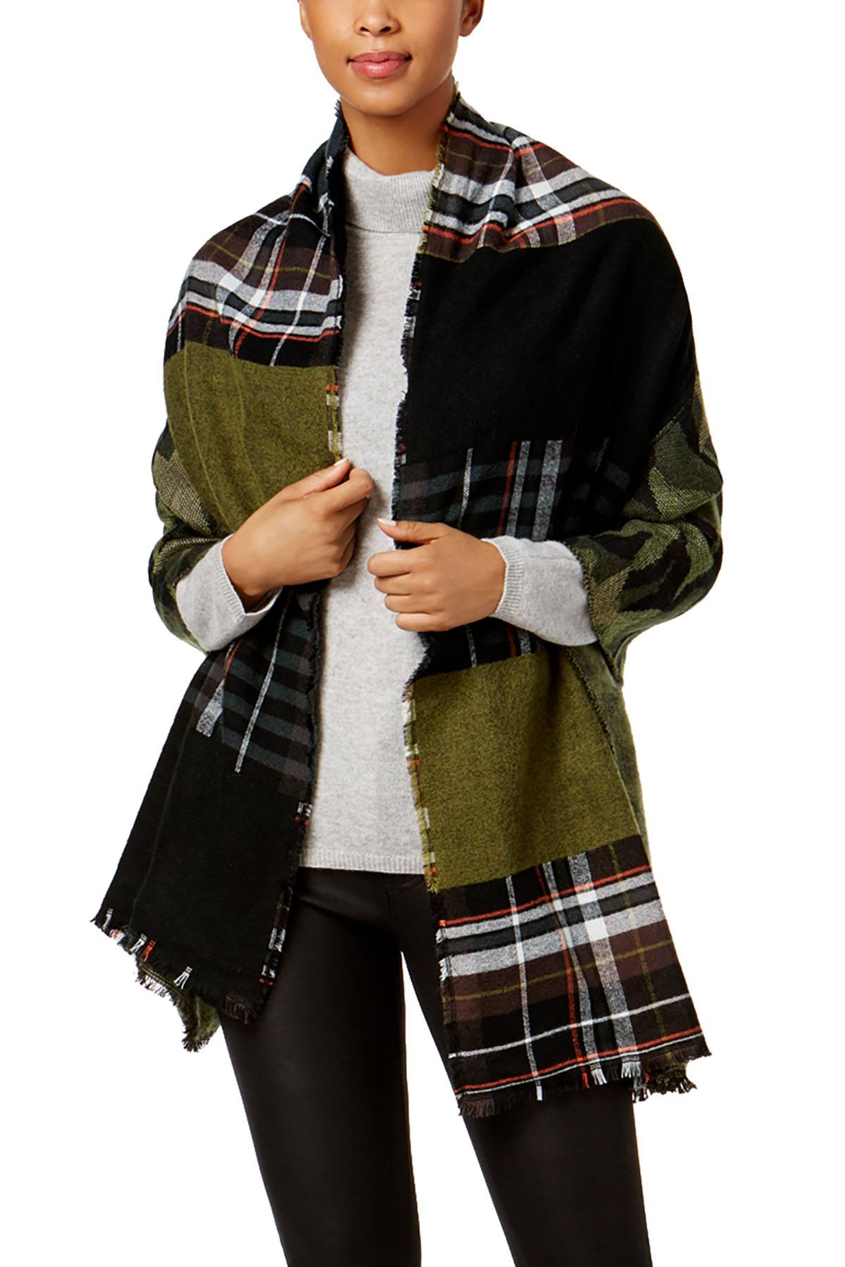 Steve Madden Olive-Camo Plaid Blanket Wrap & Scarf In One