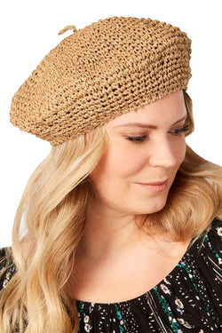 Steve Madden Tan Paper Straw Crochet Beret thumbnail 1