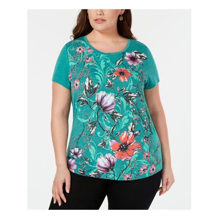 Style & Co. Green Floral Short Sleeve Jewel Neck Top Green